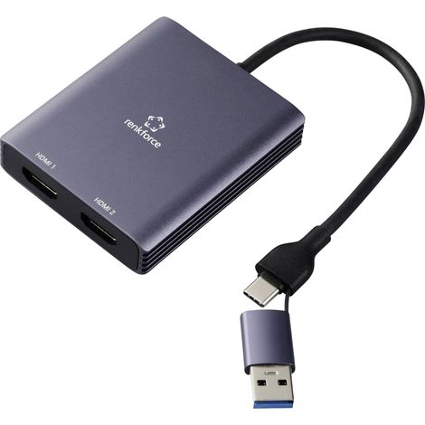 Renkforce RF-6418198 USB-C® / HDMI Adaptateur [1x USB-A, USB-C® - 2x HDMI®] gris 4K UHD 15 cm (1/5)