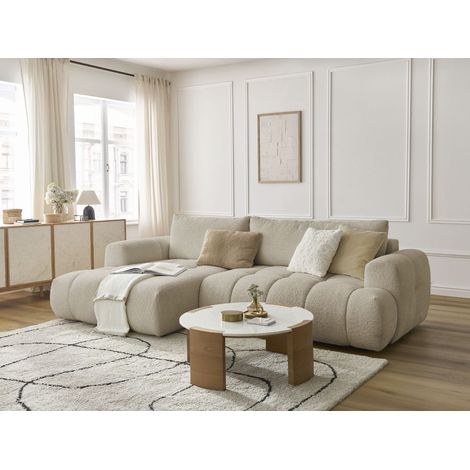 Bobochic – Canapé d'angle convertible 3 places – Tissu bouclette beige – Longueur couchage 230 cm – Largeur couchage 154 cm – Style moderne (1/5)