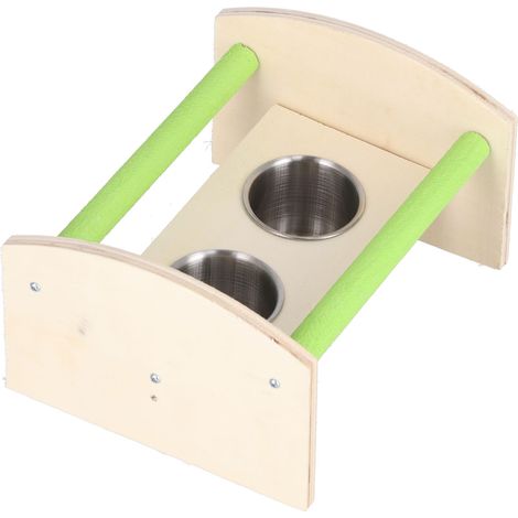 Support en bois pour perroquet avec 2 mangeoires en acier inoxydable, jouet d'entraînement pour le jardinage extérieur (1/5)