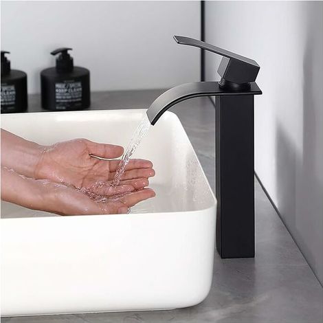 Black Waterfall High Basin FaucetBlack High Waterfall Basin Mixer Tap Black Waterfall Bathroom Taps Black Stainless Steel Bathroom Mixer Tap (1/4)