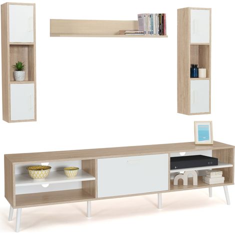 Idmarket – Ensemble meuble TV 180 cm – 4 espaces de rangement ouverts – 1 placard – 2 étagères verticales – Style scandinave bois et blanc