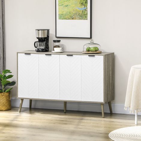 Buffet bas meuble de rangement 2 placards 4 portes motif chevrons étagères réglables 120 x 35 x 77.4 cm blanc et gris