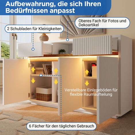 Meuble de rangement blanc lumineux LED, 140x40x85 cm, buffet à 2 tiroirs et 3 portes, étagères ajustables, armoire de salon moderne, console d'entrée, meuble cuisine. (1/5)