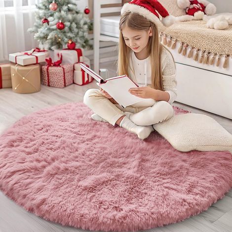 Tapis Moelleux à Poils Longs - Dessous antidérapant - Lavable - pour Le Salon, la Chambre d'enfant, la Chambre à Coucher - 120 cm Rond, Rose (1/5)