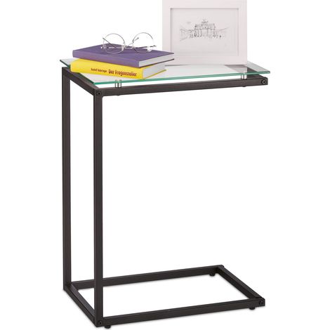 Relaxdays Side Table, C-shape, Industrial Design, H x W x D: approx. 61 x 30 x 45 cm, Glass & Metal, Black
