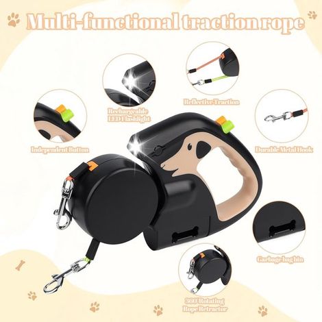 Laisse double pour 2 chiens, 3 mètres de long, rétractable et pivotante à 360°, en nylon anti-nœuds, avec poignée antidérapante et rechargeable. (1/5)