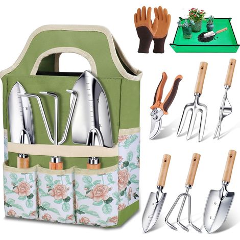 Kit de Jardinage 9 Pièces, Ensemble Outils de Jardin en Acier Inoxydable avec Manches en Bois Ergonomiques - Idéal pour la Plantation, Désherbage et Rempotage, Cadeau Pratique pour Jardiniers (1/5)