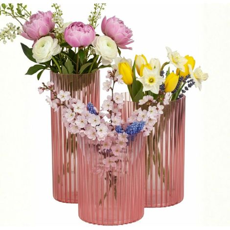 Set di 3 vasi RIBS moderni, rosa trasparente