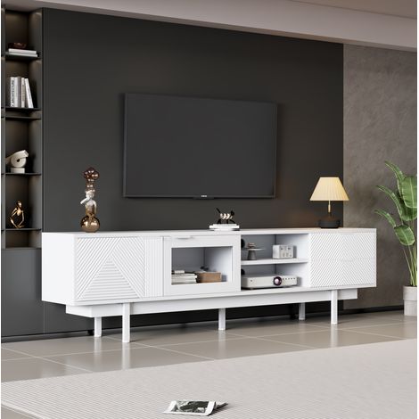 Mobile TV 200x40x50.5 cm, moderno minimalista, 2 porte e 2 cassetti, 5 piedi, truciolare e vetro temperato bianco (1/5)