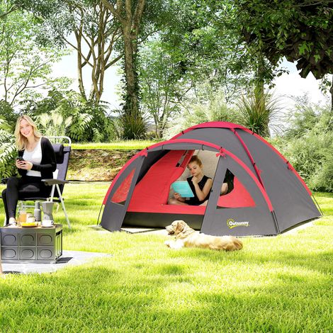 Tente de camping légère, stable et imperméable pour 2 personnes avec protection UV 50+, auvent, porte, fenêtre et tapis de sol (gris).