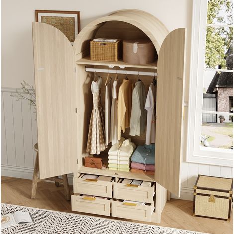 REDOM - Armadio 80x50x179 cm, ante curve, vano contenitore con asta appendiabiti e cassetti, rattan, MDF, rovere (1/5)