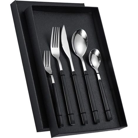 Ensemble de couverts en acier inoxydable haute dureté, couteaux, fourchettes, cuillères et ustensiles de table, manche noir. (1/5)
