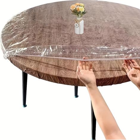 Housse de table ronde ajustée élastique 1 pièce, 45-56 pouces, protecteur de table en vinyle transparent ajusté avec bord élastique sans couture pour repas et rassemblements intérieurs et extérieurs. (1/4)