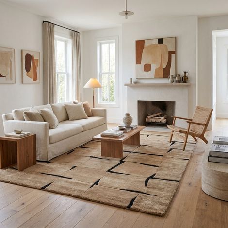 Tapis design LunarLuxe - Designertapis - 90x60cm, Rectangular - 60% Laine vierge, 40% Soie de bambou - Tufté main - Beige