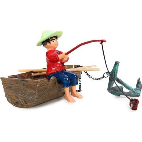 TrAdE Shop Traesio - Ornamento Acquario Action Movimento Barca Ragazzo Peascatore Ancora Decorazioni -