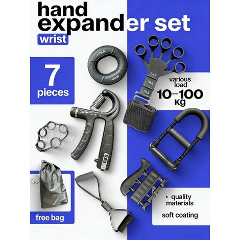 Kit d'entraînement des mains 7 pièces : Pince de préhension réglable (10–100 kg), anneau de préhension et bande de résistance en forme de 8 (1/5)