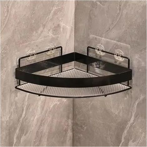 Étagère de douche adhésive acrylique sans perçage - Support mural d'angle avec rebord métallique - Organisateur de salle de bain noir - Rangement douche pratique et élégant (1/5)