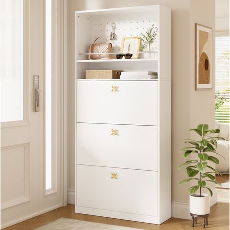 Mobile portascarpe 80x24x178.5 cm, con vani ribaltabili, ripiano aperto, anta traforata, truciolare bianco (1/5)