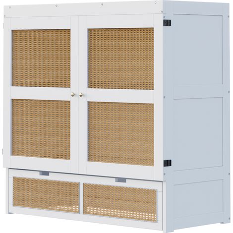 Letto a scomparsa 140 x 200 cm con cassetti contenitore, bianco, design rattan (1/5)