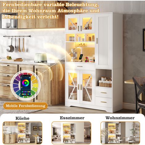 Buffet vitrine style champêtre grand modèle, armoire de cuisine avec étagères ajustables, tiroir intégré, éclairage LED multicolore et prises électriques, dimensions 185x105x40 cm