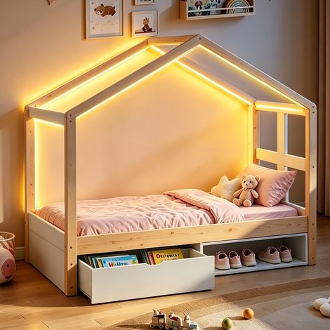 Lit cabane 90x190 cm en bois avec tiroirs de rangement et meuble à chaussures, éclairage LED multicolore, sommier à lattes inclus, couleur bois (1/5)