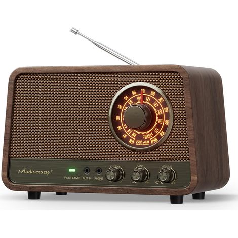 Radio Bluetooth AM FM vintage en bois avec son puissant de 10 W, haut-parleur Bluetooth rétro avec cadran ambré, contrôle des basses, entrée auxiliaire, prise casque, pour (1/5)