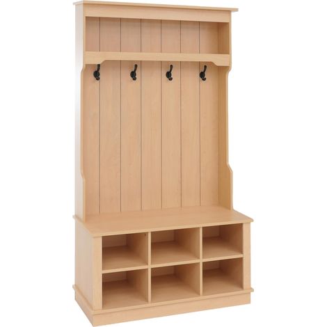 [NUNCA USADO] Aparador HHG-661, aparador de pasillo de madera con banco, 4 ganchos, compartimento de almacenamiento y estante de melamina, 170 x 100 x 39 cm, color natural