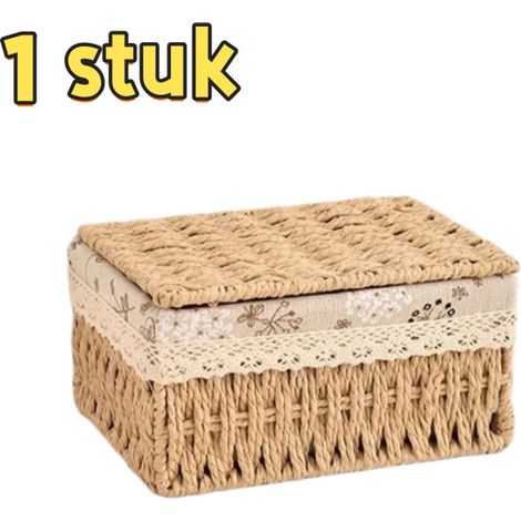 ZHIJIA PREMIUM Lot de 1 boîte rangement format moyen couvercle ruban jouets goûters petits objets rotin cosmétique bureau 22x16x11 cm couleur naturelle (1/5)