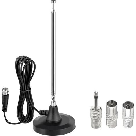 Antenne radio DAB/FM avec 3 adaptateurs. Antenne télescopique à base magnétique. Installation facile. Antenne d'intérieur pour la réception FM/DAB. Noire. (1/5)