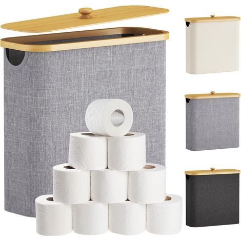 Porte-papier toilette, panier de rangement pour rouleaux de papier toilette, porte-papier toilette étroit en bambou avec couvercle. (1/5)