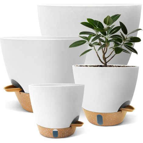 Blumentöpfe 20/22,8/25/30,5 cm – recycelbares Polypropylen – Abflusslöcher und Wasserstandsanzeiger für Luftzirkulation – Untersetzer inklusive, Weiß (1/5)
