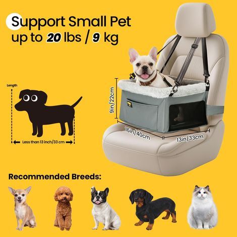 Car seat for small dogs and cats, dog car basket with reinforced steel frame, waterproof dog car carrier with safety leash, up to 9 kg (40x33x22 cm) (1/5)