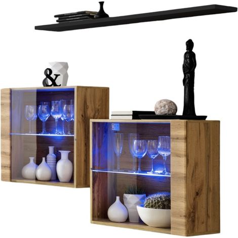 Composizione murale SWITCH SBIII – Cubi vetrati LED e mensola – Rovere Wotan e nero – Design moderno