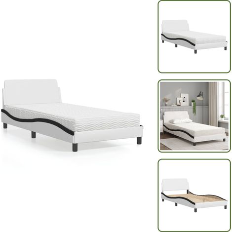 Cama de madera - vidaXL Cama con colchón Dover cuero sintético blanco y negro 100x200 cm - Cama con cabecero