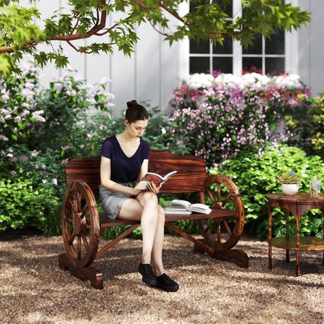 Banc de jardin 2 places avec accoudoirs à roulettes, style rustique, pour terrasse ou véranda, en épicéa marron. (1/5)