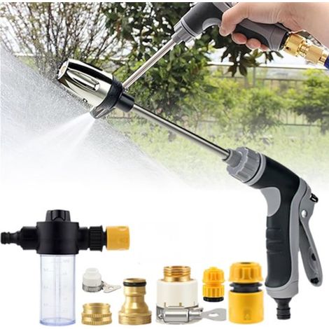 Pistolet haute pression pour tuyau d'arrosage avec réservoir à savon, longue lance réglable, 6 adaptateurs inclus, pour lavage de voiture et jardin, gris (1/5)