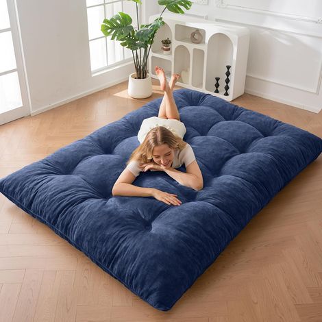 Matelas Futon 2 Places Épais 15CM Garnissage en Mousse Déchiquetée, Tissu Chenille avec Boutonné Design, Enroulable Matelas de Sol/Futon Pliable Pratique (Cadre Non Inclus) (1/5)