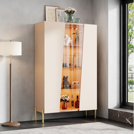 Vitrine LED 72x40x145 cm en MDF et verre beige, étagères réglables pour salle à manger – MEUBLIV (1/5)