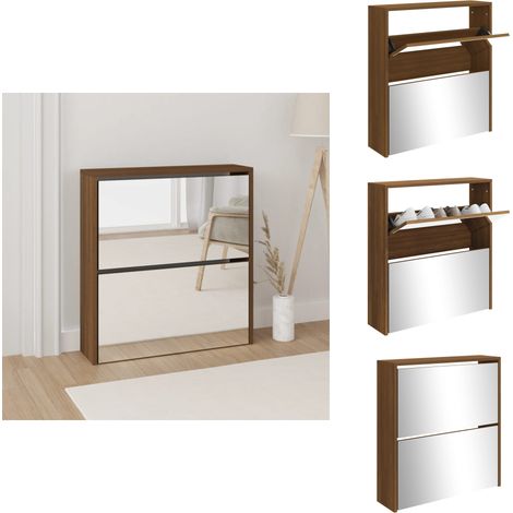 Schuhschrank mit Spiegel 2 Fächer Braun Eichen-Optik 63x17x67cm - Schuhschrank - Schuhregal - Eiche Optik - Holzmöbel - Garderobe (1/5)