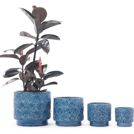 Pot de fleurs en céramique Ø31,5 cm pour plantes et herbes aromatiques, grès émaillé bleu brillant avec trou de drainage (1/5)
