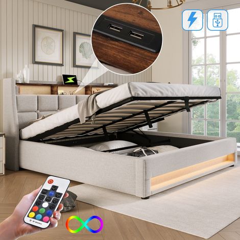 Letto Matrimoniale 160x200cm con Testiera LED, USB e Contenitore, Struttura in Metallo e Tela Lino Senza Materasso - Beige (1/5)