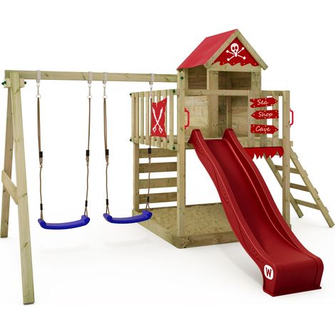 Wickey – Aire de jeu en bois avec balançoire et cabane – Toboggan Flow 220 cm – Bac à sable intégré – Résistant aux intempéries