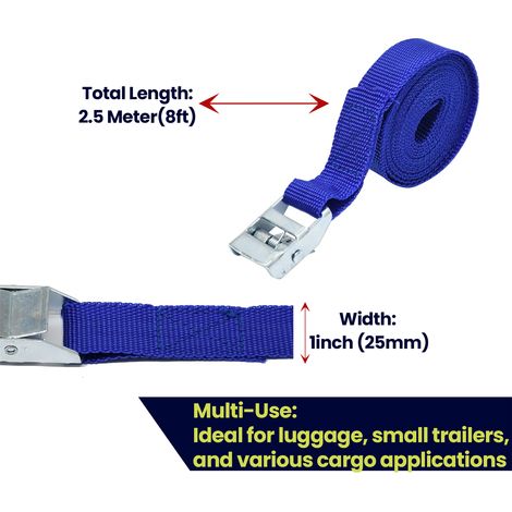 Dapetz ® Premium Set of 4 Lashing Straps Cargo Luggage Tie Down Cam Buckle Roof Rack 2.5m X 25mm Adjustable Tensioning Belts for Motorcycle, Cargo, Trucks, Trailer, Luggage (1/5)