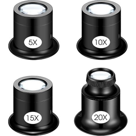 Lot de 4 loupes de bijoutier, loupe d'horloger, loupe pour bijoux, pièces de monnaie, pierres, timbres (5X 10X 15X 20X) (1/5)