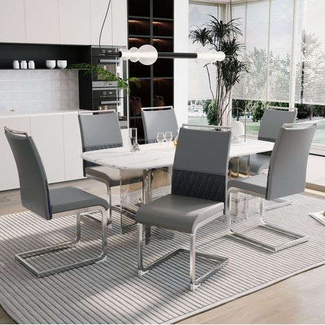 Set di 6 sedie da pranzo con schienale alto in ecopelle e lino, grigio (1/5)