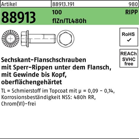 Vis à brides à tête hexagonale R 88913 Nervure de blocage VG M6x10 100 flZnnc 480h-L 500p.