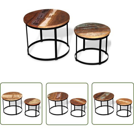 The Living Store 2-tlg. Couchtisch-Set Altholz Massiv Rund 40cm/50cm - Industrielles Design - Couchtisch Set - Holzmöbel - Altholz - Vintage Stil (1/5)