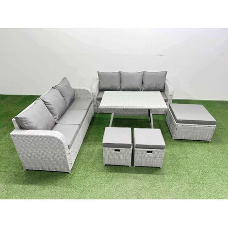 Fimous Patio Dining Table & Chairs Set Rattan High Back Lounge Sofa Set with 3 Seater Sofa 3 Stool Light Grey (1/4)