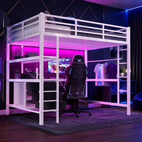 Hochbett 140x200 cm Weiß aus Metall und MDF mit Schreibtisch, Stauraum, LED-Licht und Treppe (1/5)
