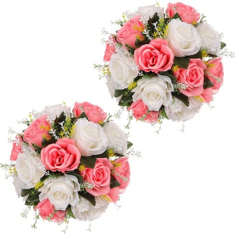 Lot de 2 fleurs artificielles (rose + blanche) pour table de mariage, allée, décoration intérieure, fleurs artificielles, roses, fleurs décoratives pour vitrine. (1/2)